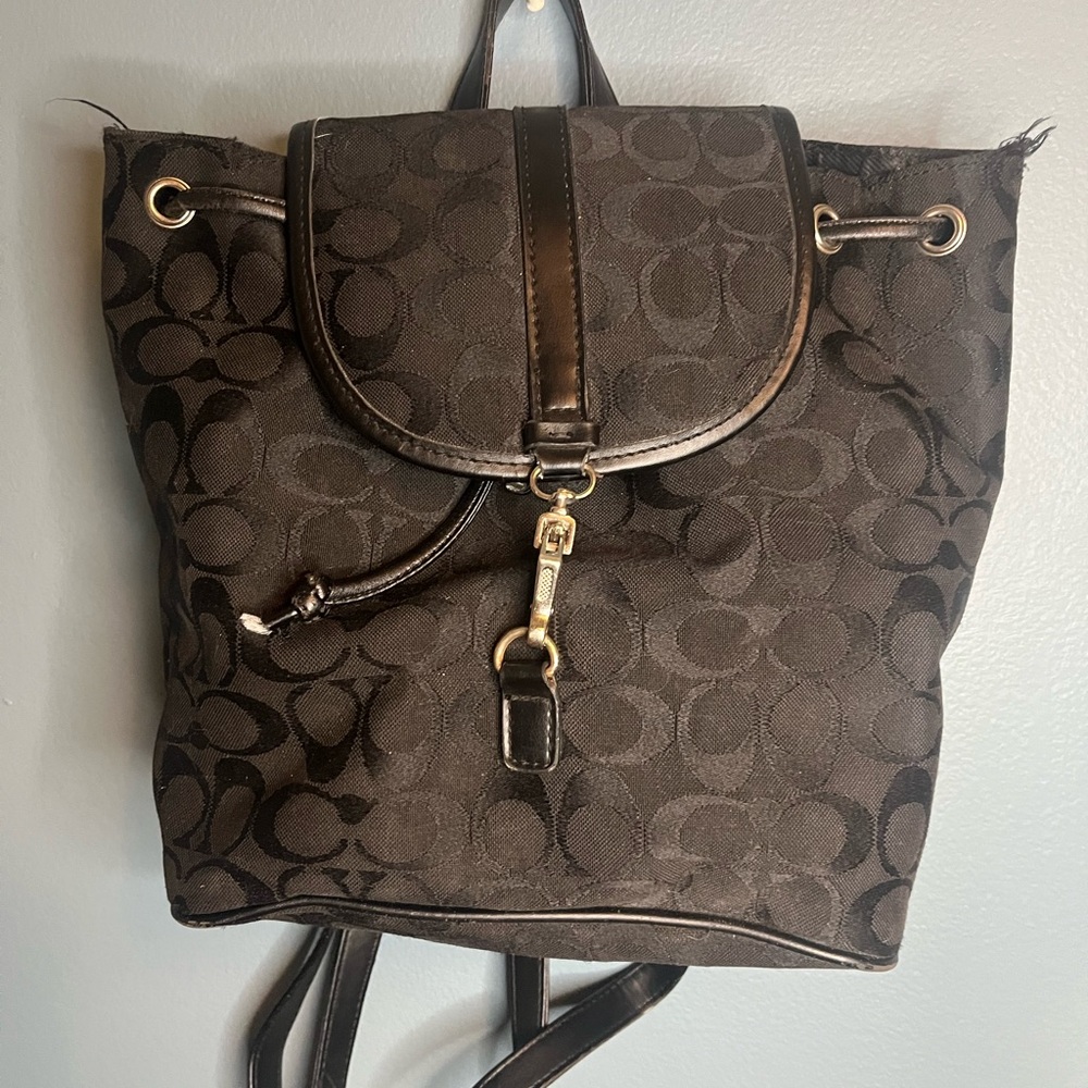 Coach Brown/Black Signature Canvas Drawstring Backpack